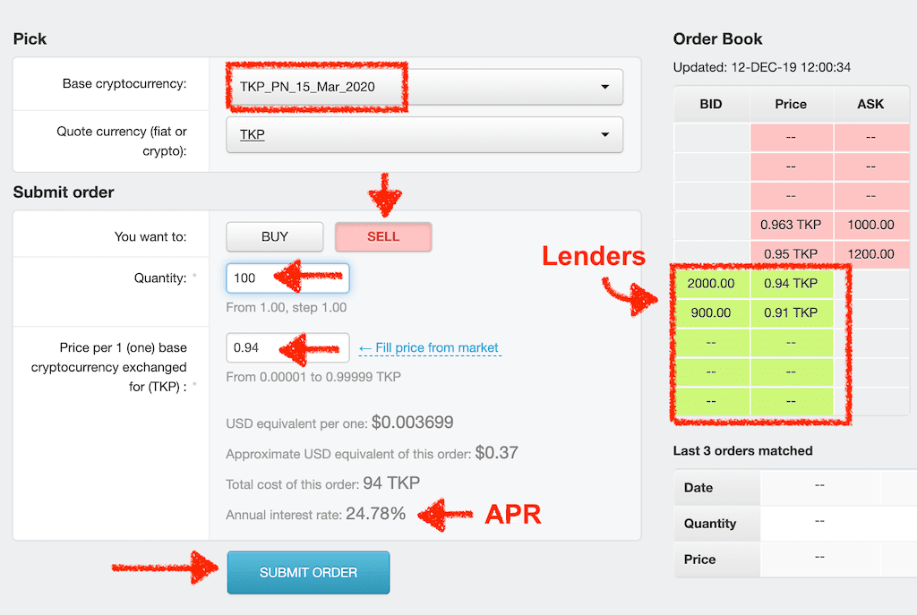 Borrowing TKP token by selling TKP Promissory note in Order Book on Tokpie exchange