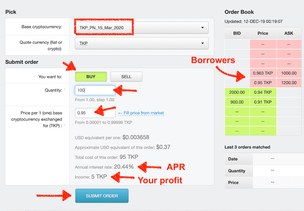 Lending TKP token by buying TKP Promissory note on Tokpie exchange