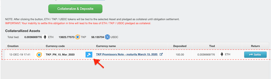 To lend TKP, click on hammer icon to open Promissory note order book and sell them