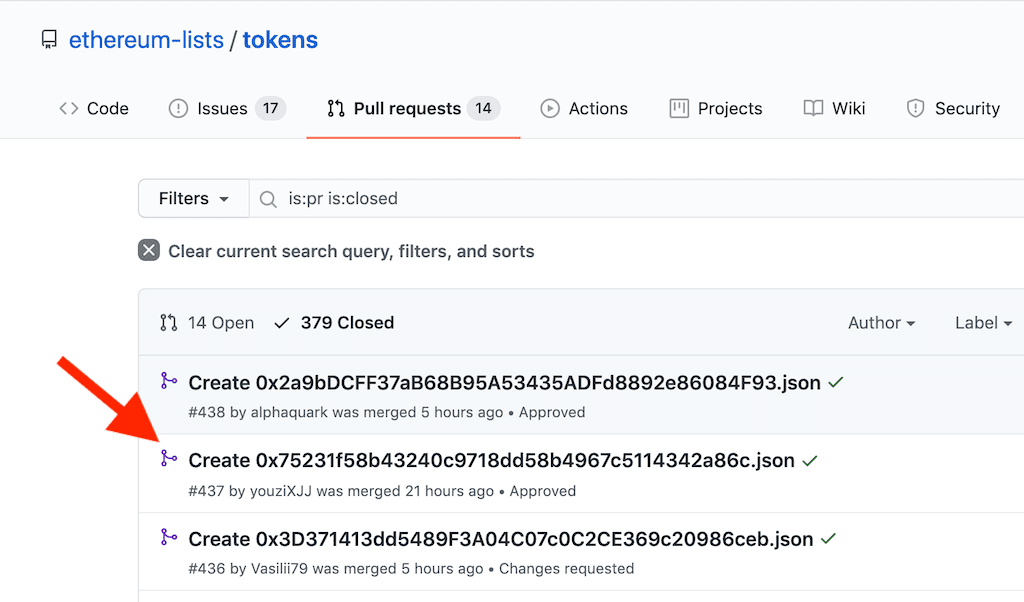 Ethereum list of tokens