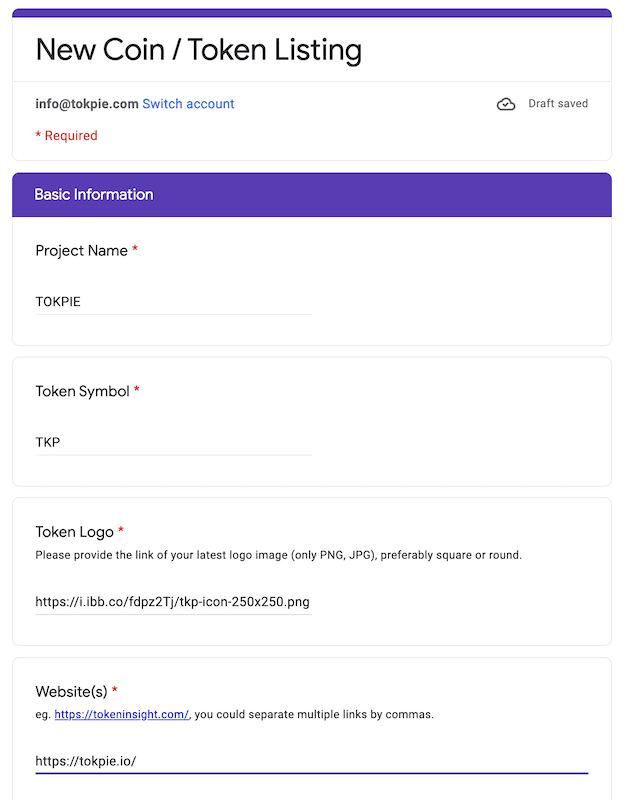 Fill Tokeninsight's form