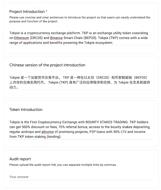 Fill Tokeninsight's form