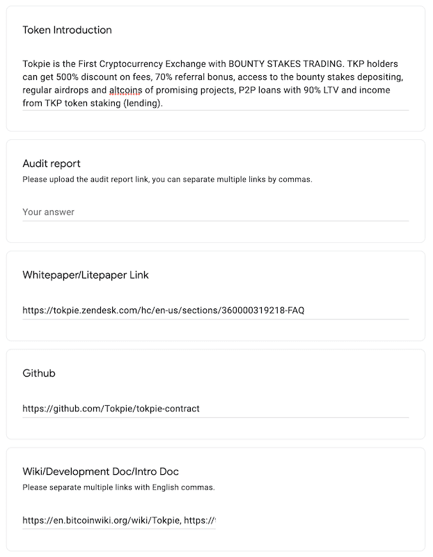 Fill Tokeninsight's form