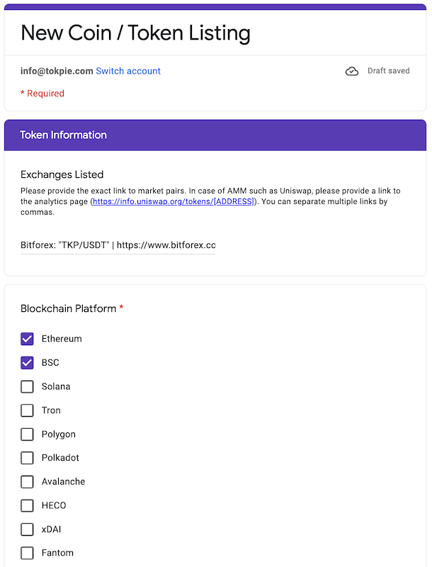 Fill Tokeninsight's form