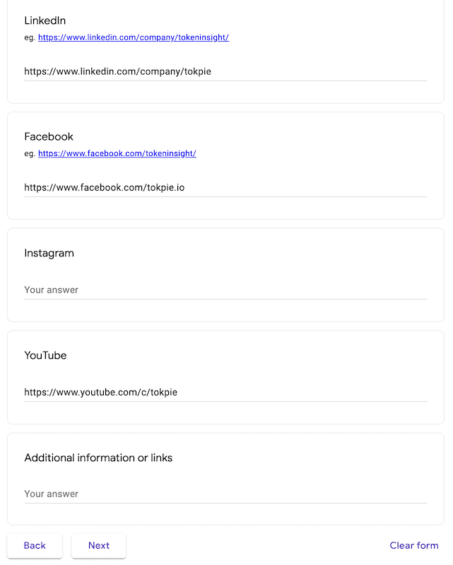 Fill Tokeninsight's form