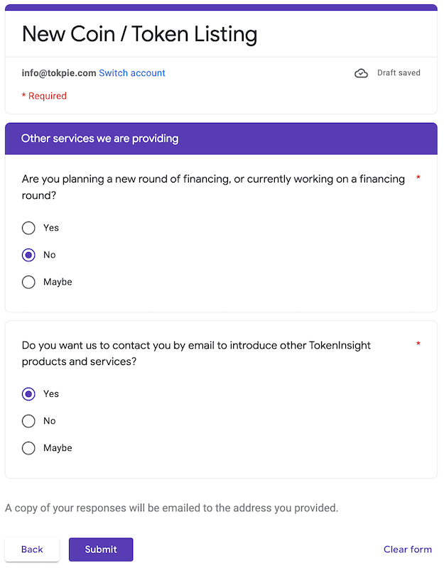 Fill Tokeninsight's form