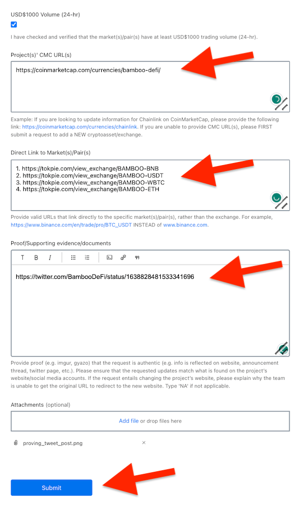 Submission of request for new pair on CoinMarketCap