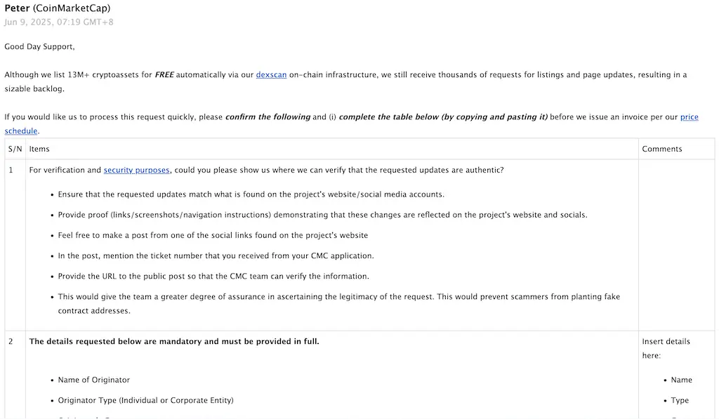 Email from CMC after form submission.