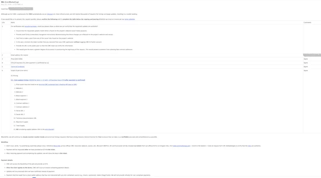 CoinMarketCap email showing a listing update verification table with the post URL, invoice email, price, ETA, terms, and scope rows.