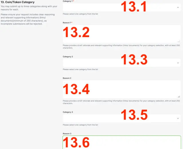 Coin/Token Category Selection and Reasons in the CoinGecko Token Listing Form.