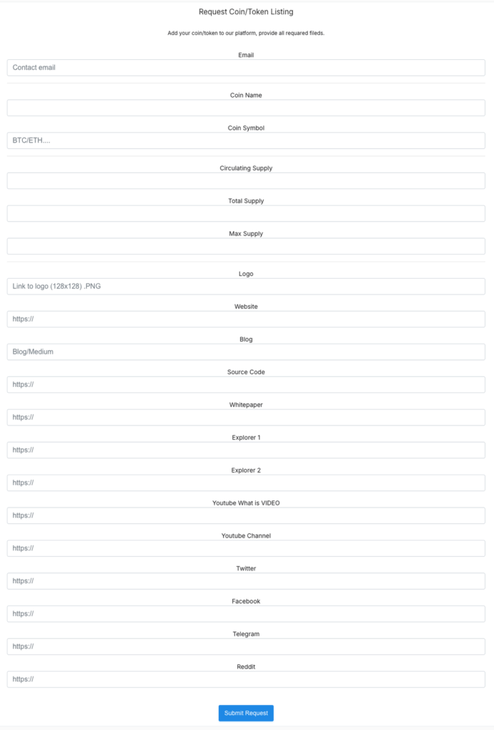Blank CoinLore Request Coin/Token Listing form with token information, supply, explorer, and social media fields