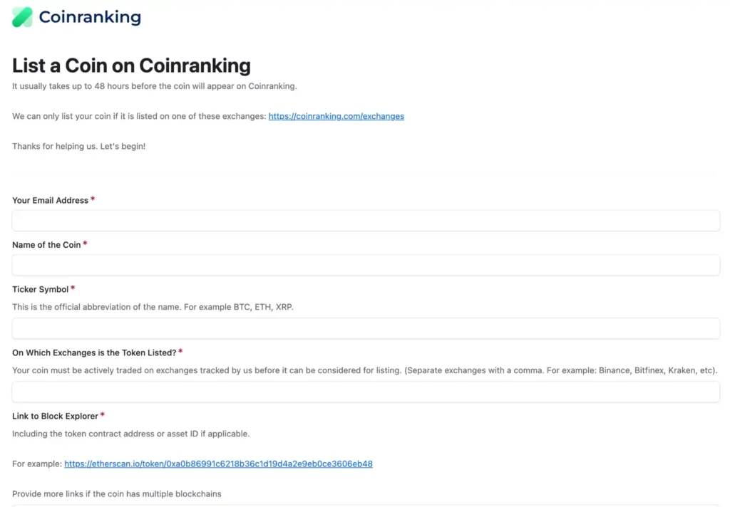 Coinranking list coin form with required fields for email, coin name, ticker, exchanges, and block explorer.