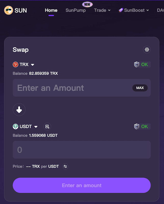 SunSwap interface for swapping