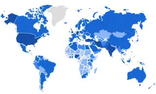 World map showing where Tokpie Exchange users have come from in the past 12 months