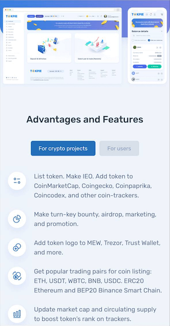 Tokpie centralized crypto exchange features for crypto projects including token listing, marketing, and wallet integration