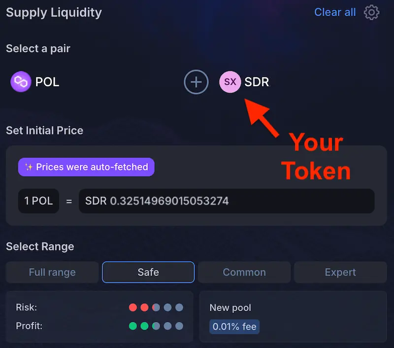 Supply liquidity for your token on QuickSwap with a pair selection interface.