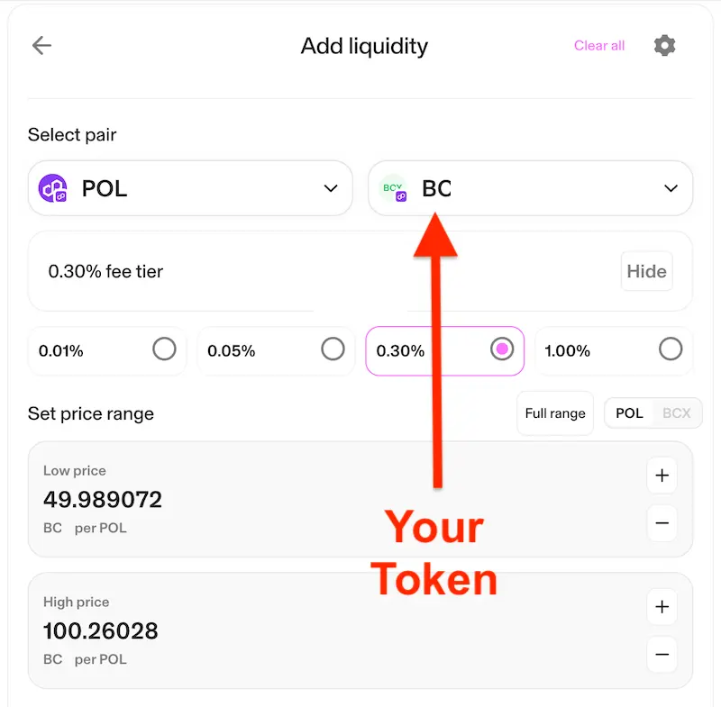 Uniswap interface for adding liquidity with token pair selection and fee settings.