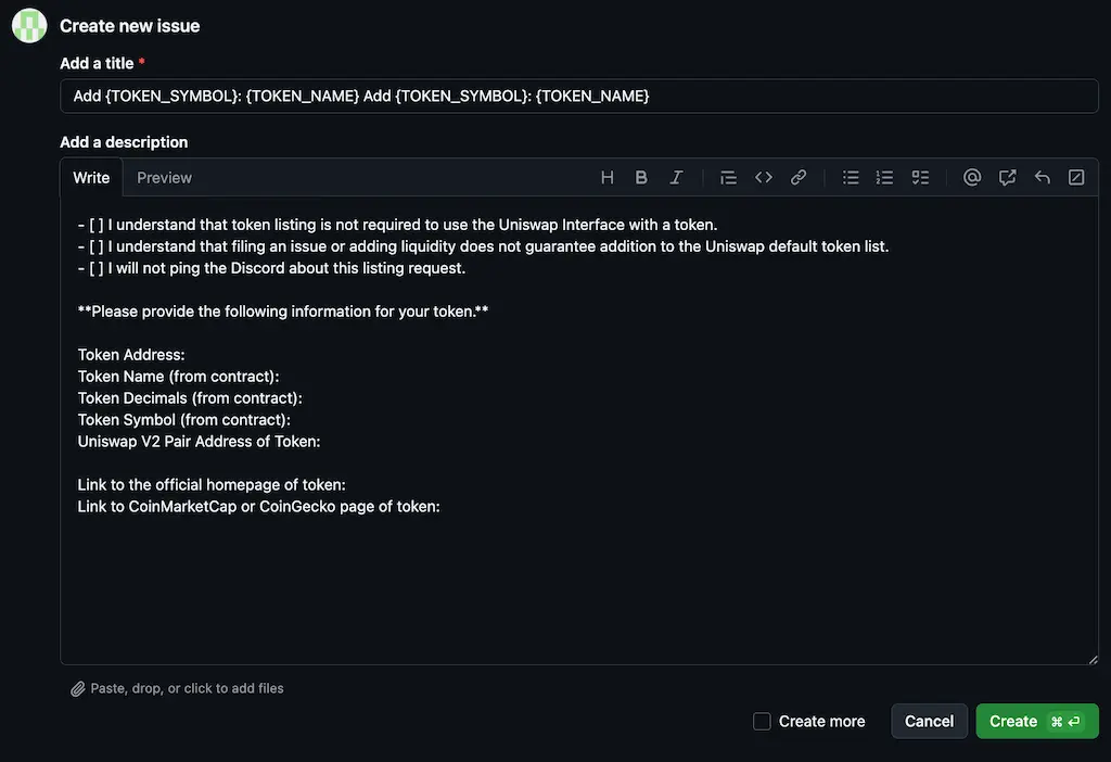 Uniswap GitHub request for token