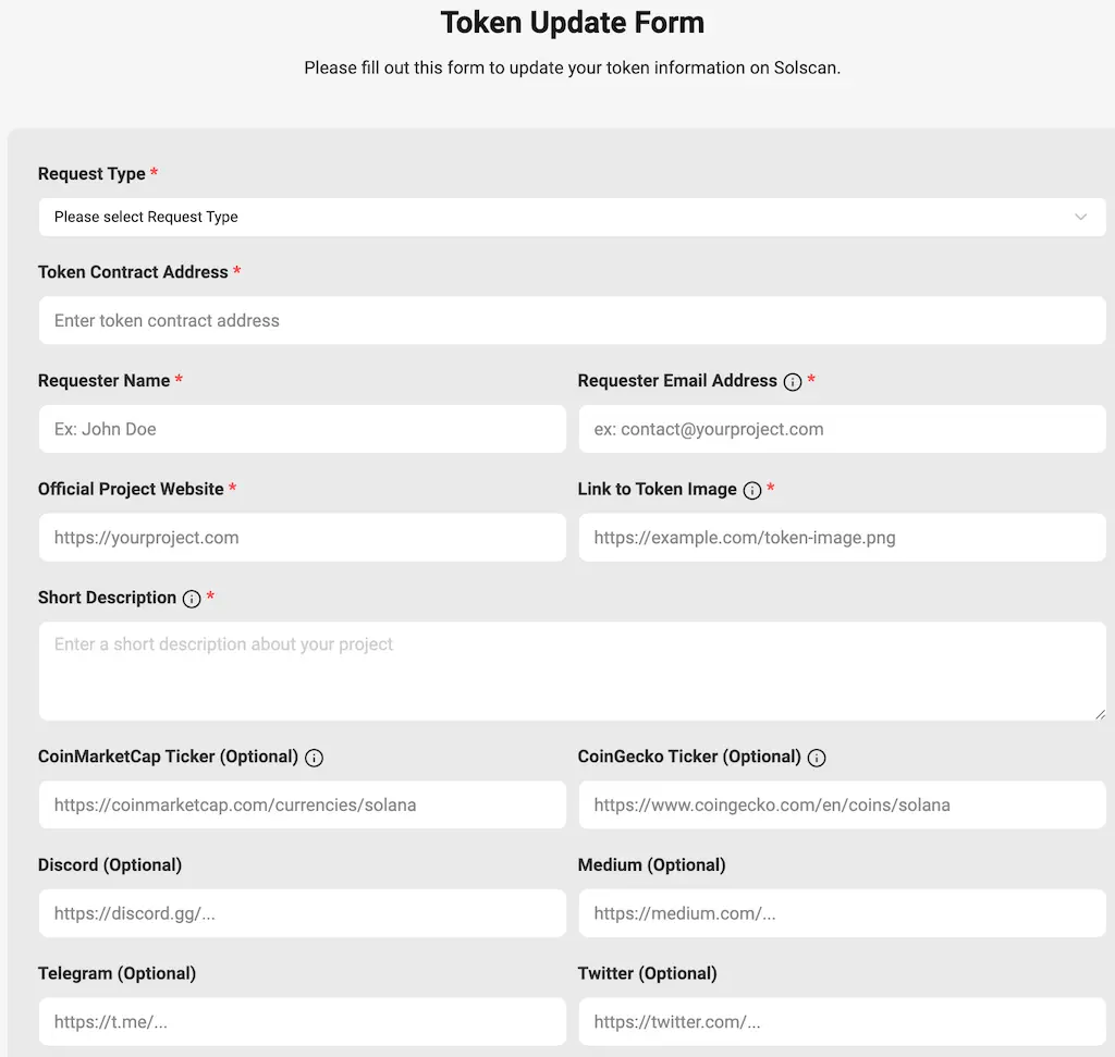 Solscan Update Token Info form