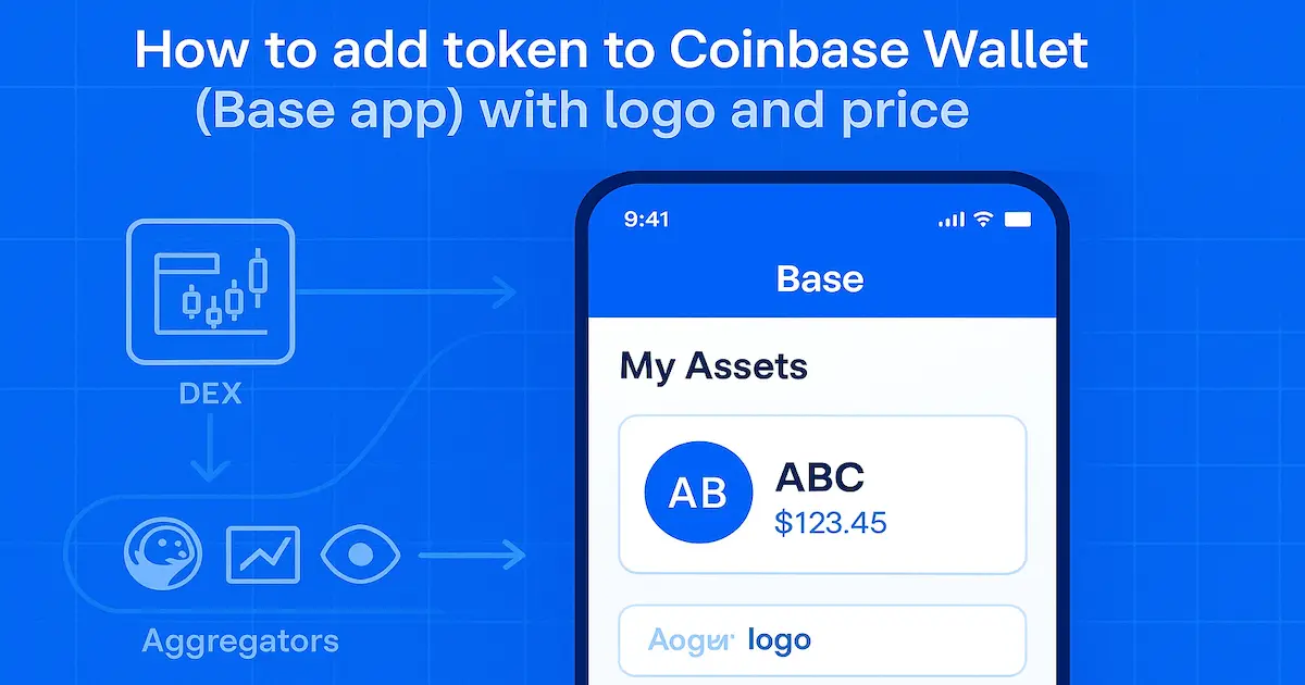 how to add token to coinbase wallet – phone wallet UI with Add Token, 0x contract address, logo placeholder, and live price preview