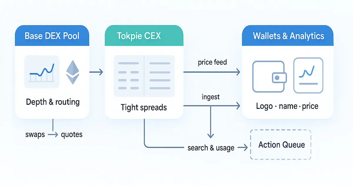 Base token visibility loop: DEX pool → Tokpie order-book → aggregators (CMC, CoinGecko) → wallet catalogs → analytics; arrows show swaps→quotes, price feed, ingest, search & usage, and tune liquidity.