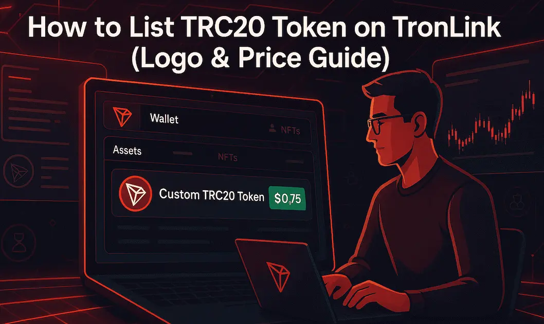Crypto founder standing in front of a TronLink‑style wallet dashboard showing a listed TRC20 token with its logo and live price on the Tron network.