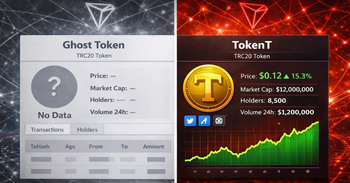 A comparison of a generic TRC20 token profile versus a fully updated profile with token logo and price on TronScan.