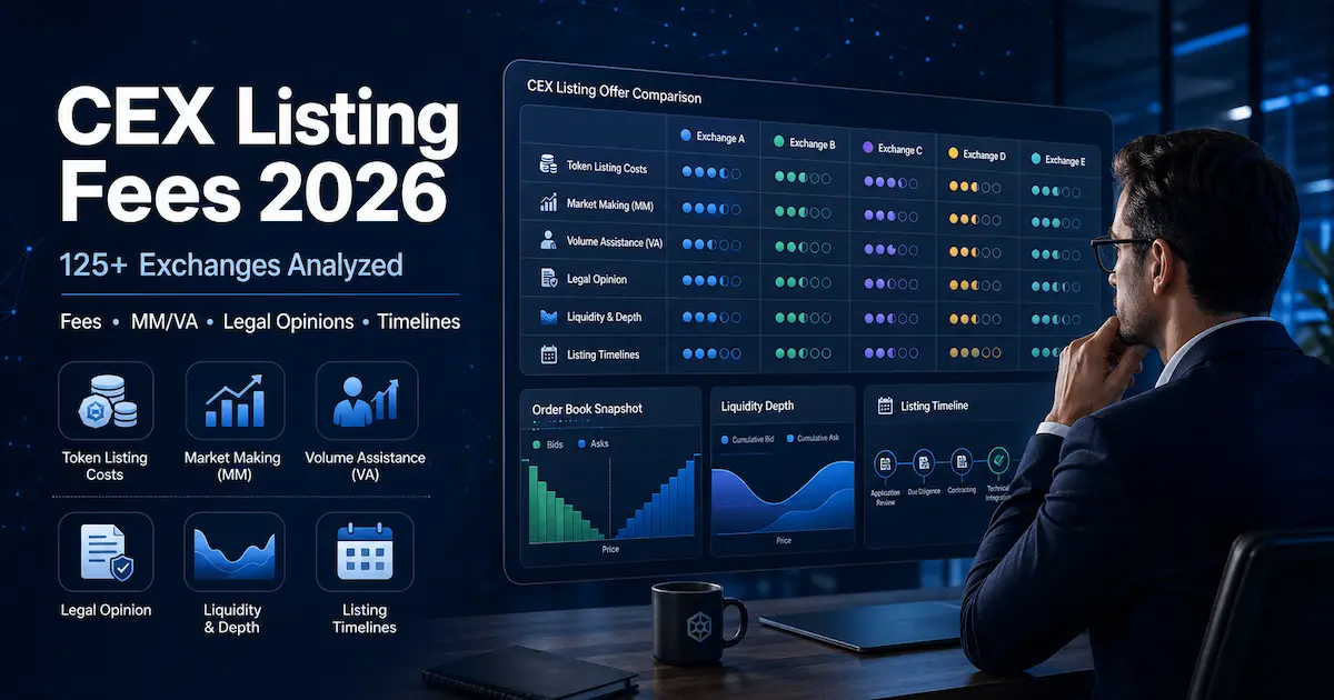 Crypto exchange listing fees 2026 guide showing 125+ CEX profiles, token listing costs, MM/VA, legal opinions, and listing timelines.