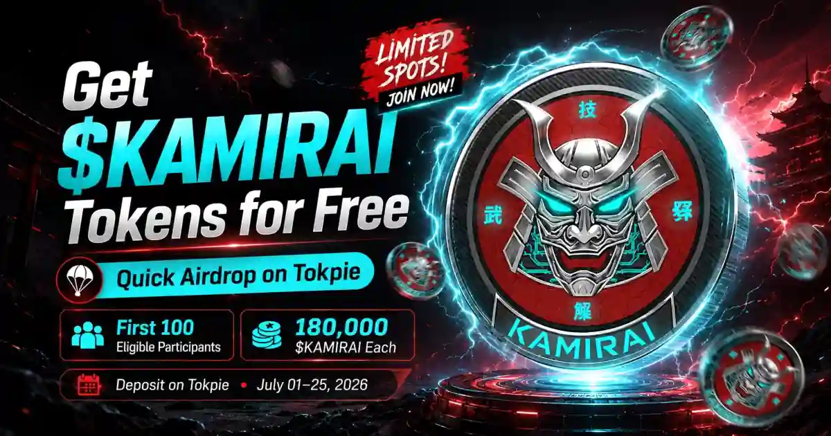 KAMIRAI Airdrop hero image with KAMIRAI token logo, free token reward, and Tokpie deposit campaign details
