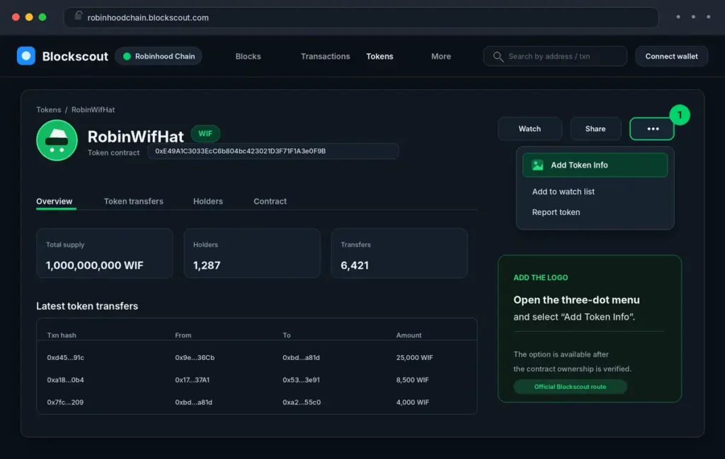 Robinhood Chain Blockscout token page with the three-dot menu open and Add Token Info highlighted