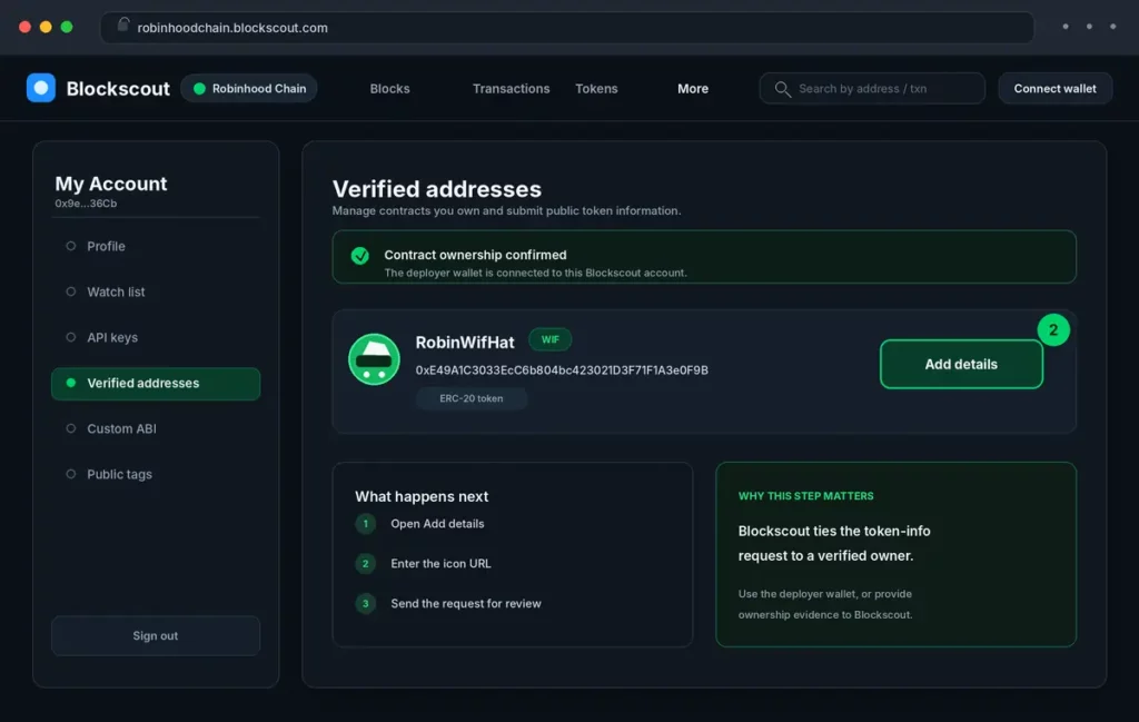 Blockscout Verified addresses dashboard showing the Add details button for a Robinhood Chain token