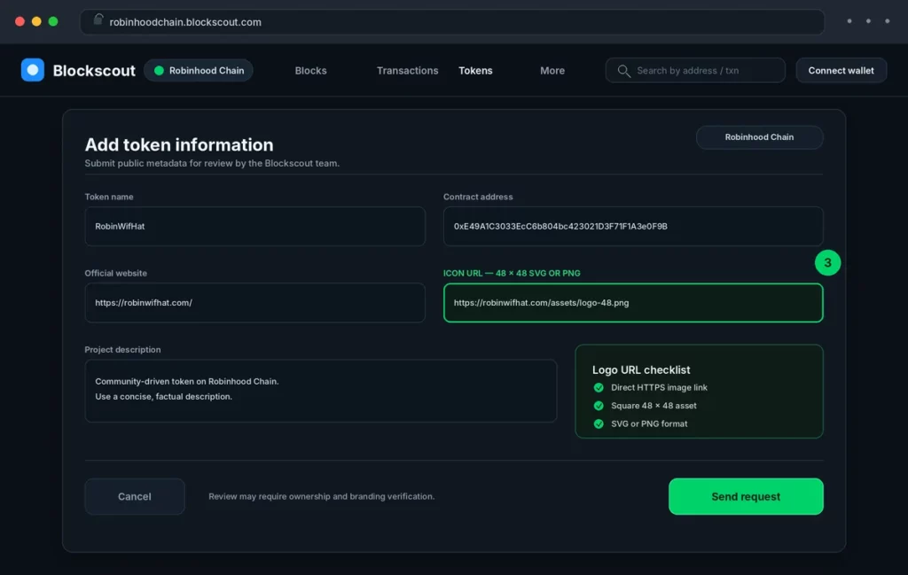 Blockscout Add token information form with the 48 x 48 Icon URL field highlighted