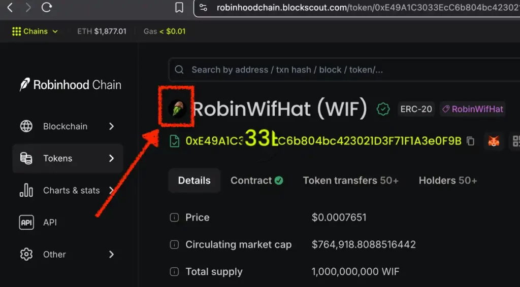 RobinWifHat token page on Robinhood Chain Blockscout with the token logo highlighted.